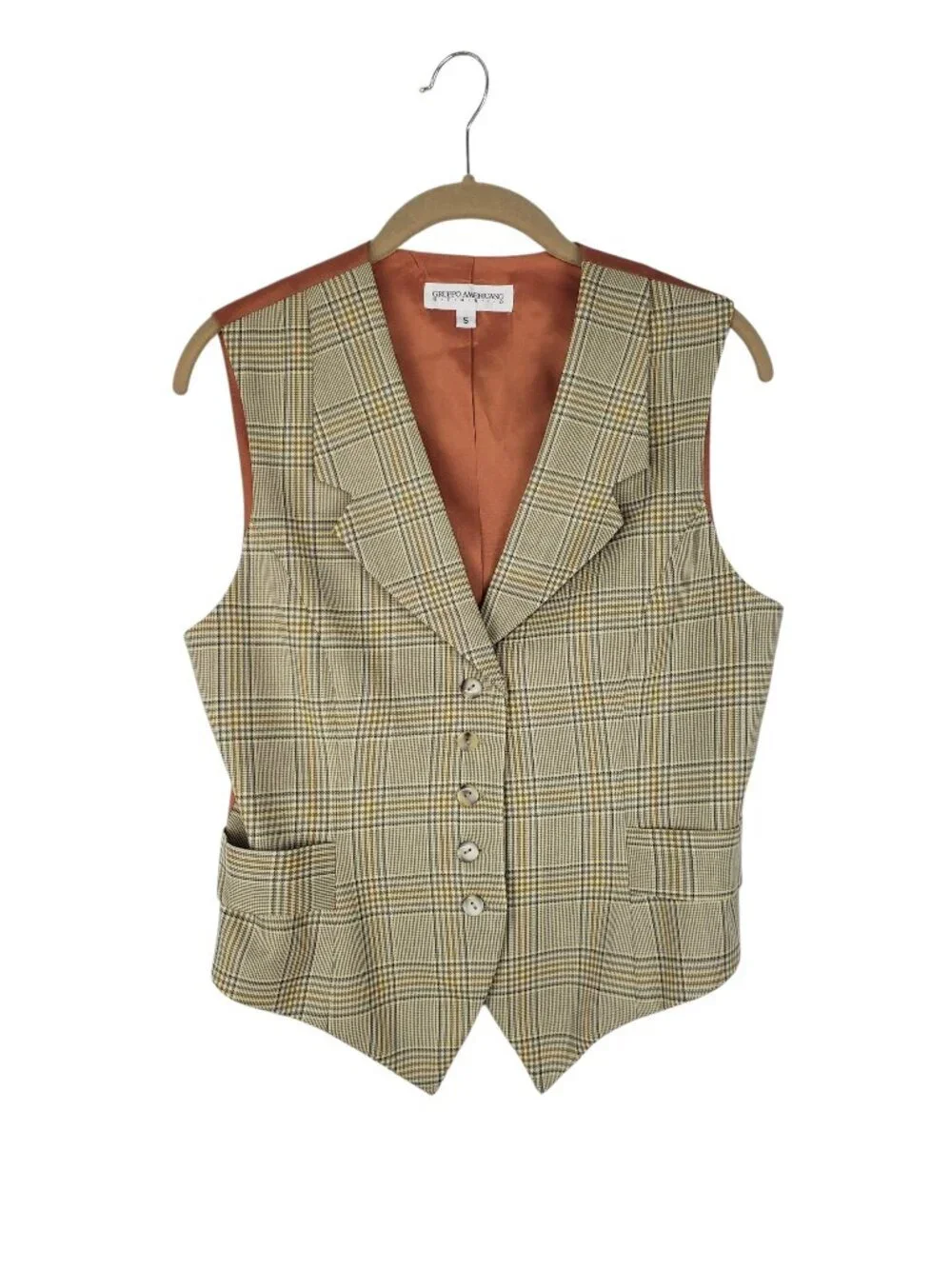 Gruppo Americano Tan Glen Plaid Wool Waistcoat Menswear Lapel Vest Womens Small